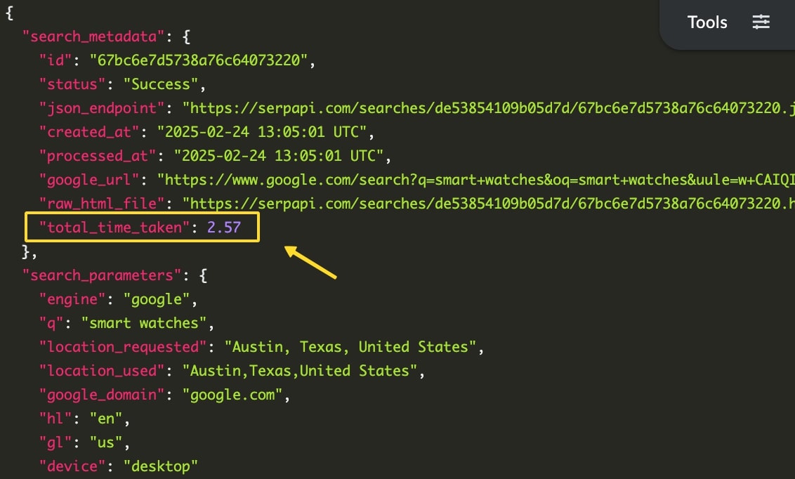 Total time taken for Google search for smart watches.