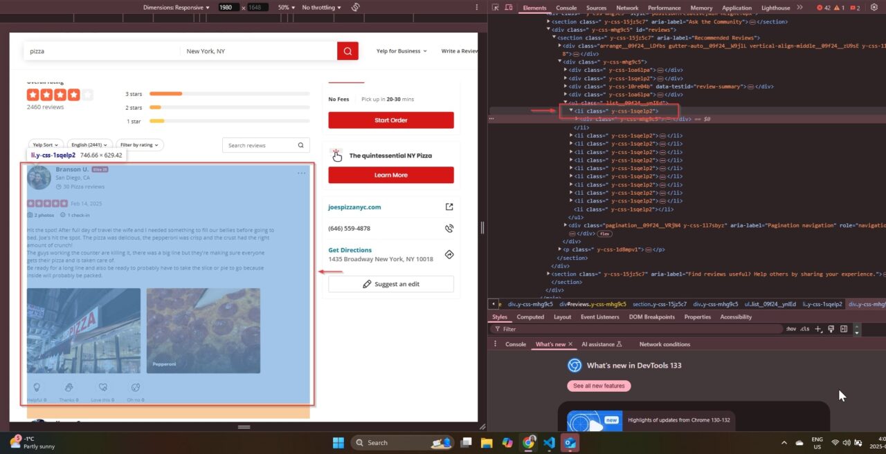 Yelp review page for Joe's Pizza with customer feedback.