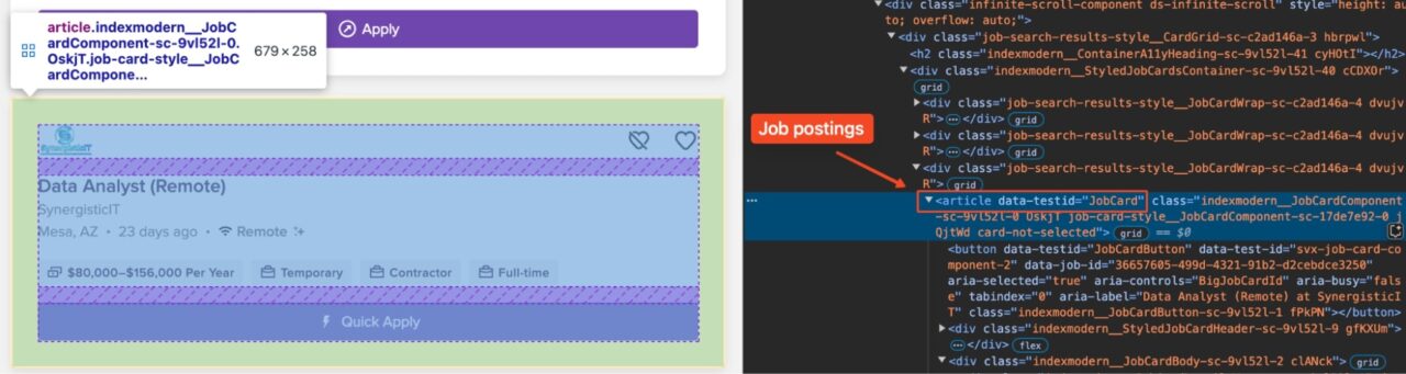 Job listing with developer tools showing HTML structure