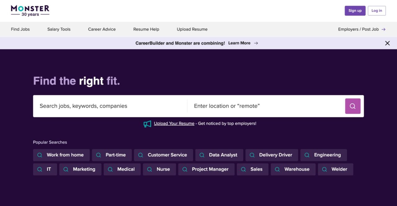 Monster.com job search page with search fields and popular searches