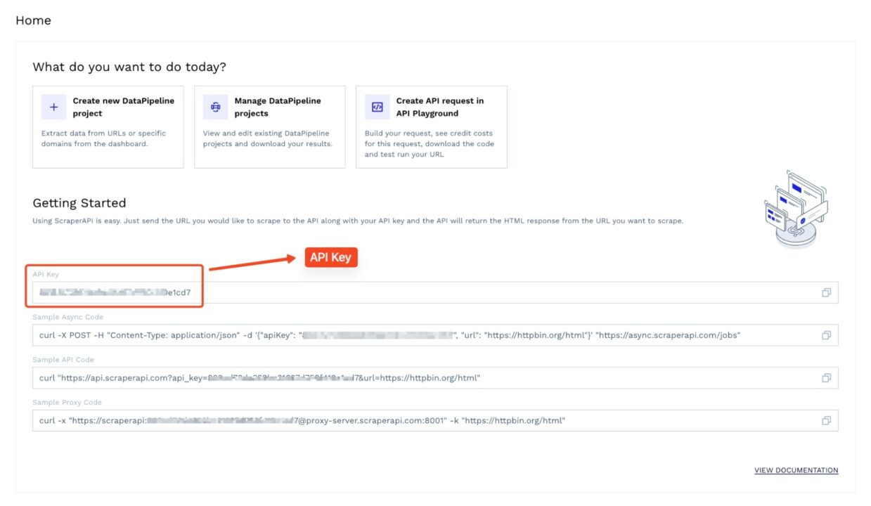 ScraperAPI homepage with API key and project options
