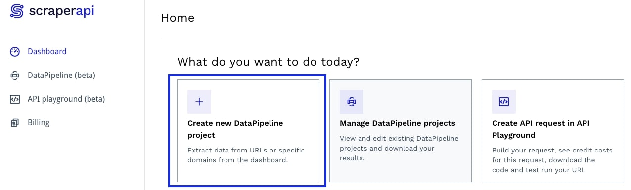 ScraperAPI dashboard page highlighting datapipeline