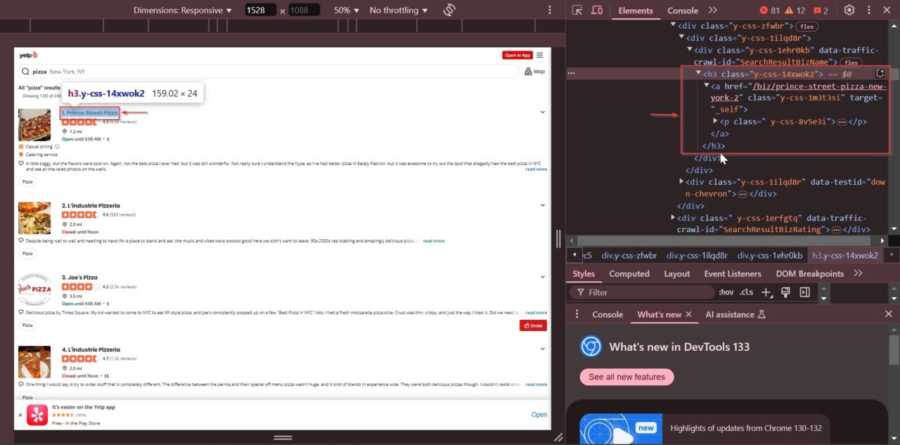 Yelp search results page showing pizza restaurants in New York.