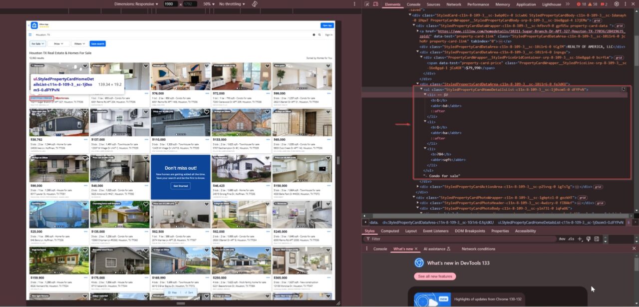 Zillow property details CSS selectors highlighted within the source code